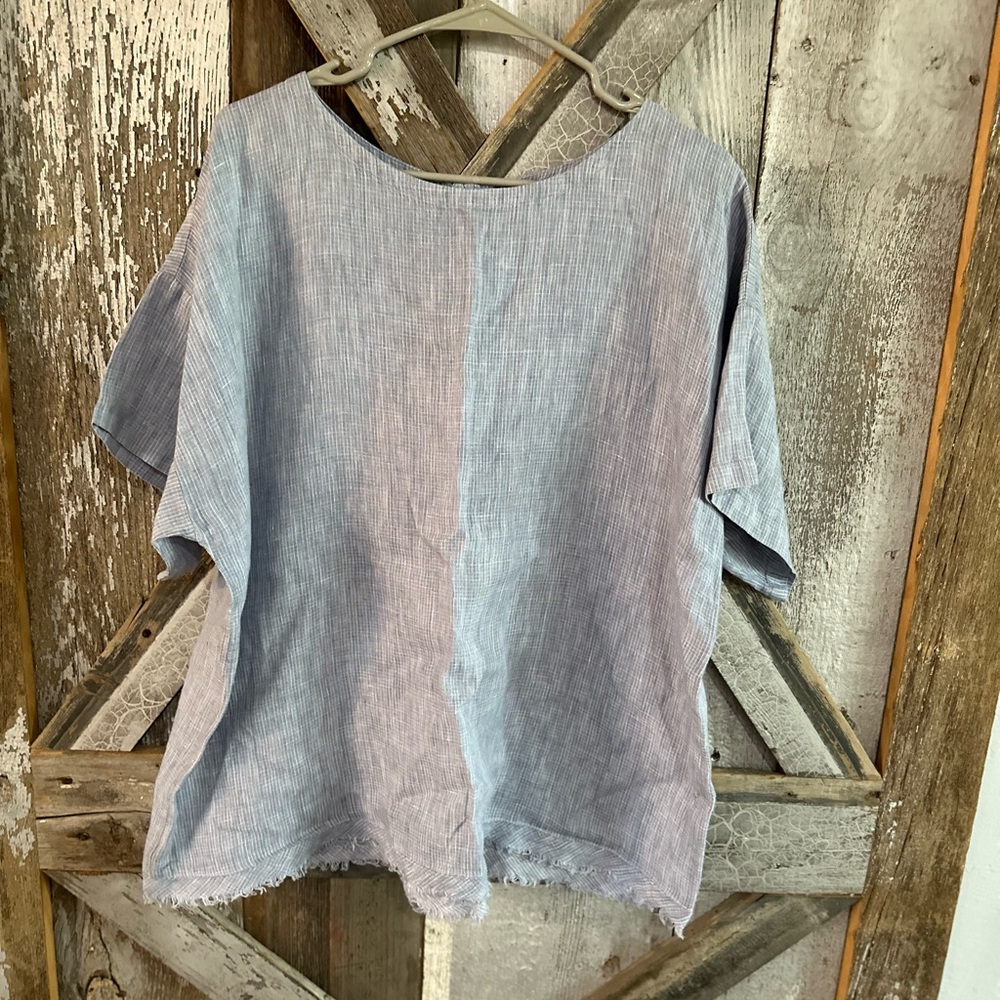 Eileen Fisher blue organic linen fringe blouse size xl.